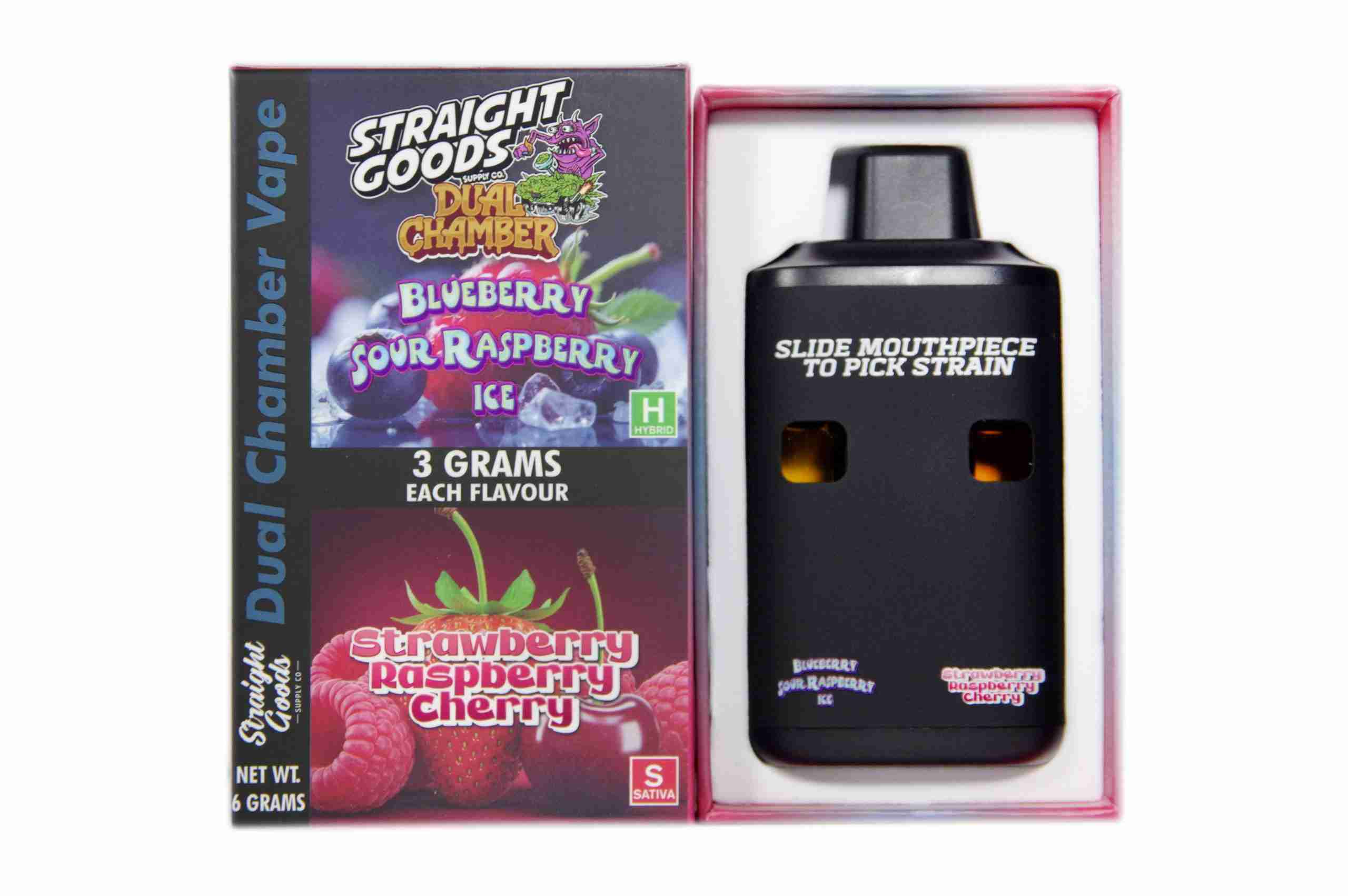 Straight Goods Supply Co. 6 Gram Dual Chamber Disposable Vapes – Blueberry Sour Raspberry Ice + Strawberry Raspberry Cherry THC Distillate