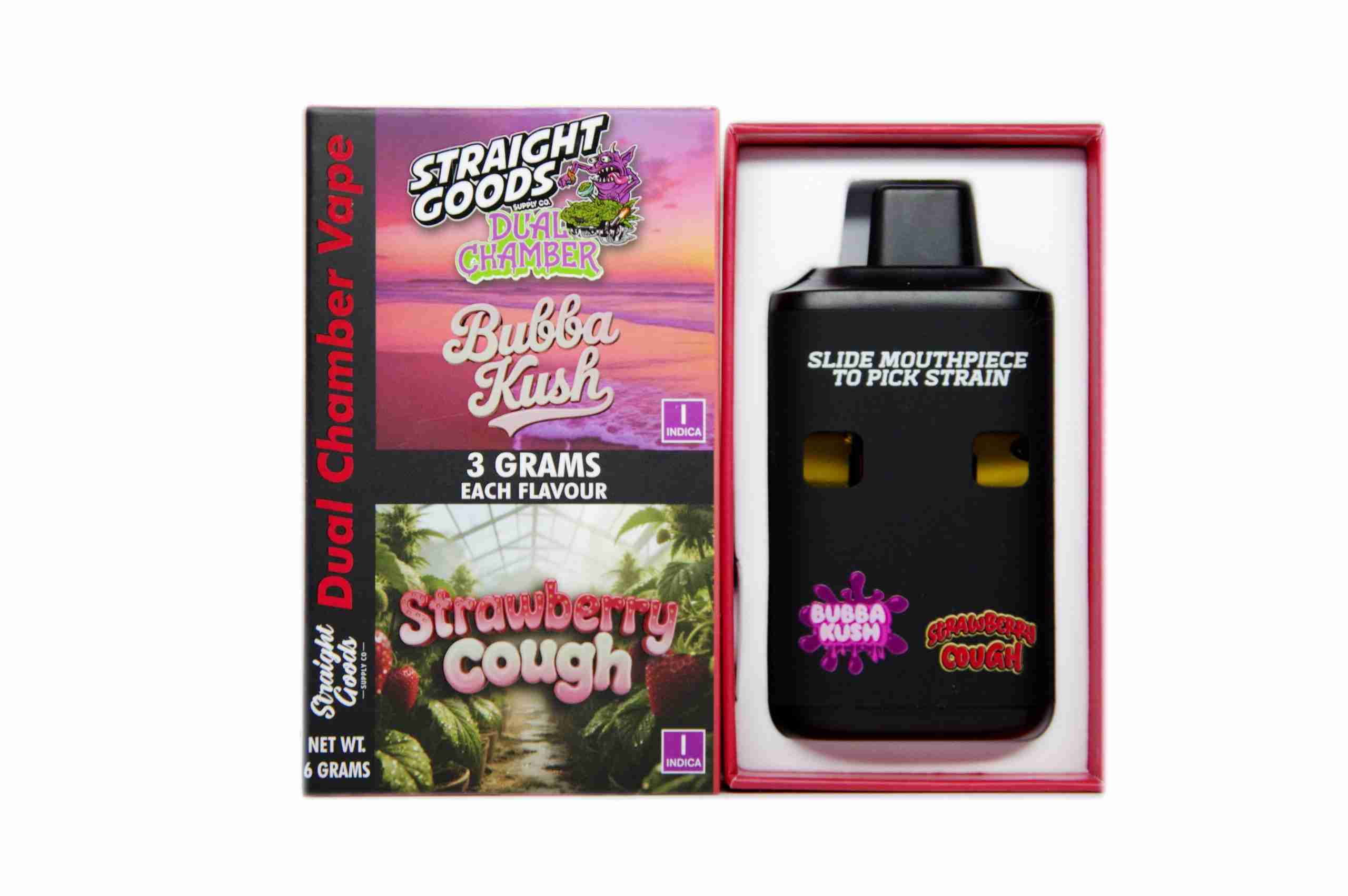 Straight Goods Supply Co. 6 Gram Dual Chamber Disposable Vapes – Bubba Kush + Strawberry Cough THC Distillate