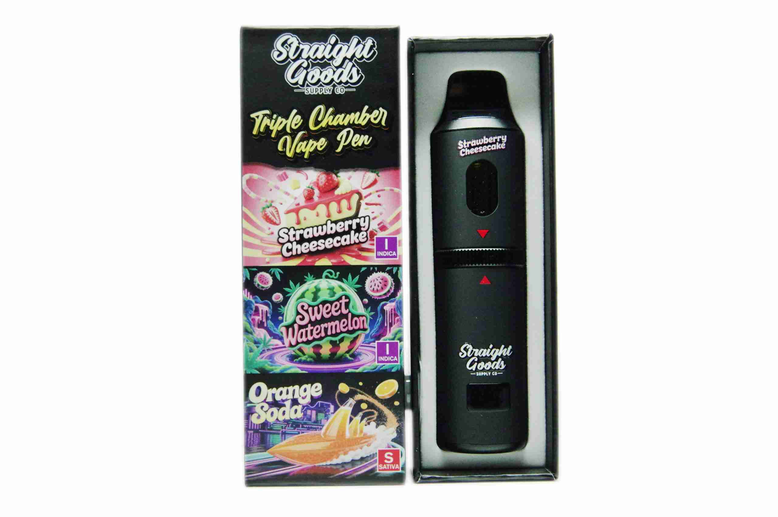 Straight Goods Supply Co. 9 Gram Triple Chamber Disposable Vapes – Strawberry Cheesecake + Sweet Watermelon + Orange Soda THC Distillate